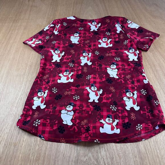 Frosty the Snowman Holiday Scrub Top Red Snowman Print V-Neck Small - Picture 2 of 4